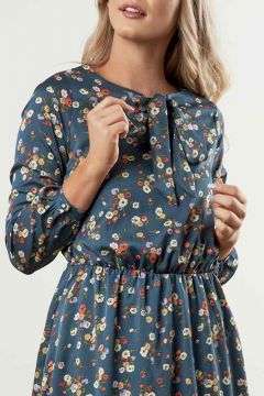Necktie Puffed Sleeve Floral Dress